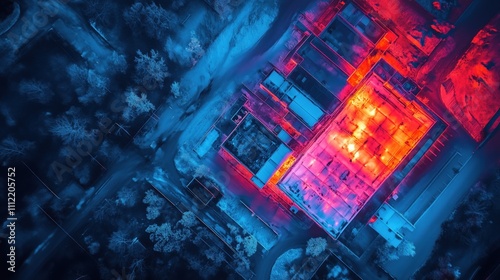 Aerial view of industrial site with thermal imaging at night