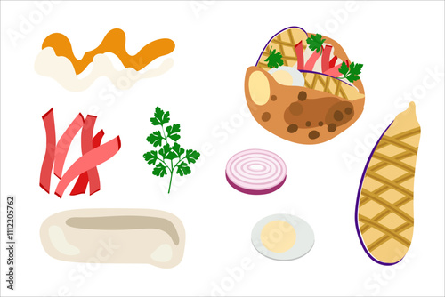 Sabich. Ingredients and final meal. Vector simple color flat illustration.