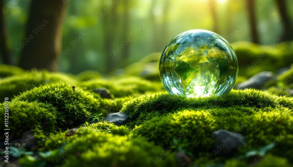 A Crystal globe glass on green moss in forest to protect nature and save the World for sustainable environment. concept of the environment ecology and Earth day.