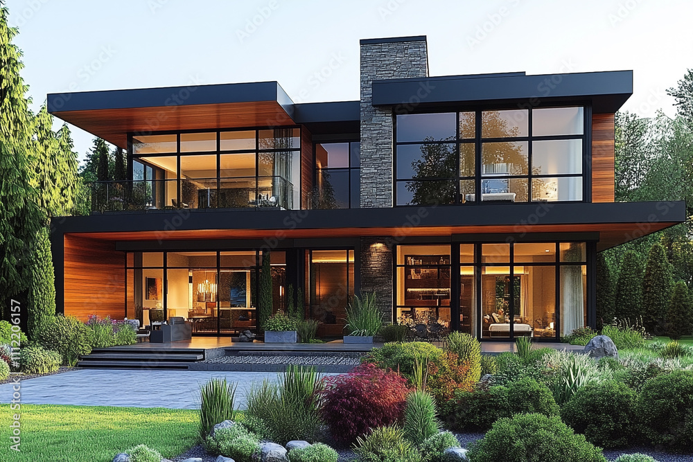 Modern Two Story House With Large Windows and Landscaping Modern Two Story House With Large Windows and Landscaping