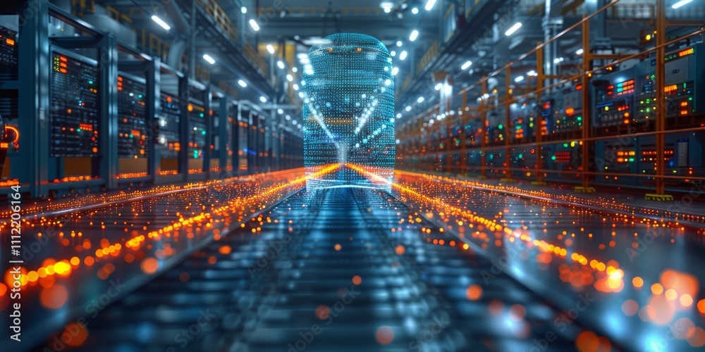 Futuristic server room with glowing data streams and a holographic head, symbolizing advanced technology Futuristic server room with glowing data streams and a holographic head, symbolizing advanced technology
