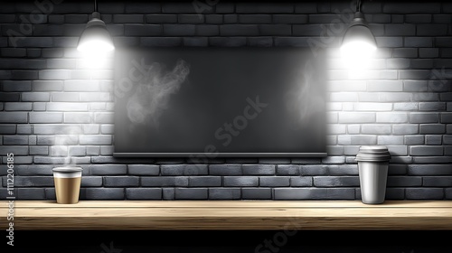 Dark Brick Wall Coffee Shop Setting With Blank Sign photo