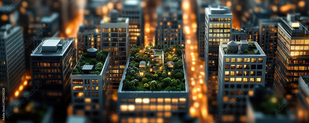 Aerial view of a modern cityscape with green rooftop gardens and glowing city lights. Aerial view of a modern cityscape with green rooftop gardens and glowing city lights.