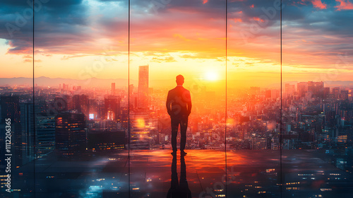 The double exposure image of the engineer standing back during sunrise overlay with cityscape image. The concept of engineering, construction, city life and future