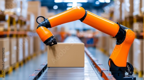 In a modern factory, a high-tech robotic arm smoothly transports cardboard boxes along a conveyor belt, demonstrating the effectiveness of automated production.