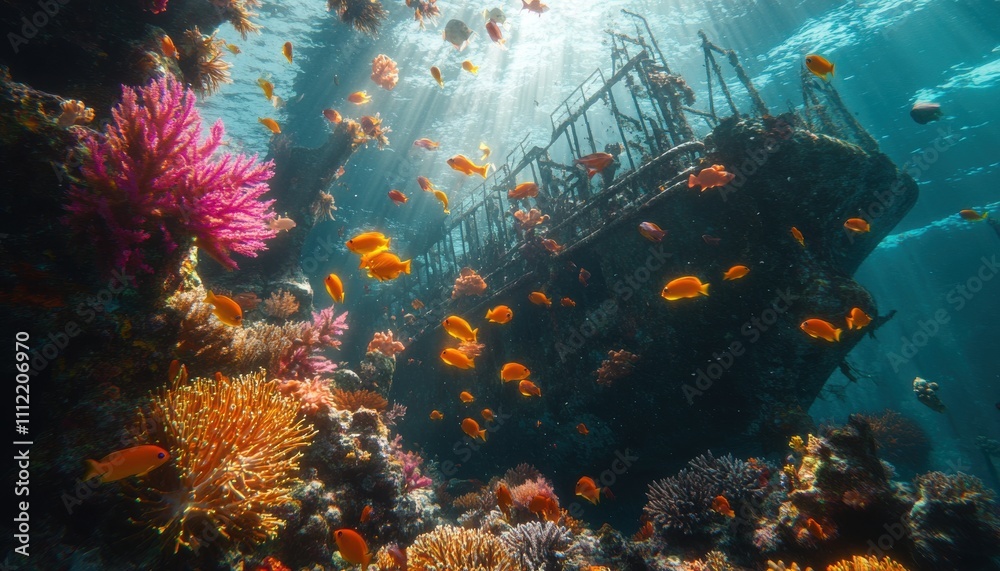 Fototapeta premium Underwater Scene with Colorful Coral Reefs and Sunlight Shining on a Shipwreck Surrounded by Tropical Fish in a Vibrant Marine Ecosystem