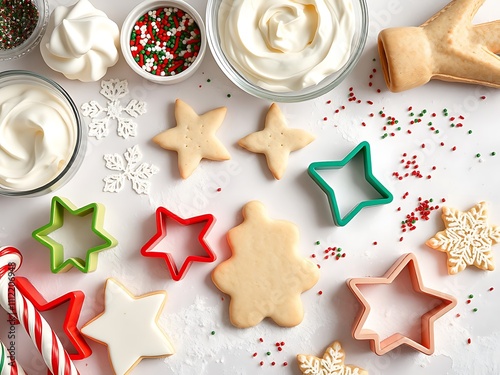 Christmas Cookie Baking Prep: Festive Ingredients & Cutters on Marble Surface AI Generated photo