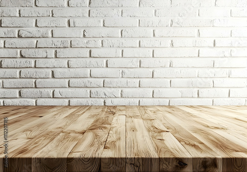 Wooden kitchen countertop with a white brick wall background, the interior design of a modern home or apartment. 