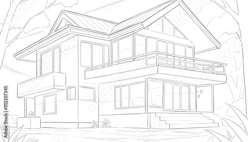 Minimalist Line Drawing of a Modern House with a Balcony