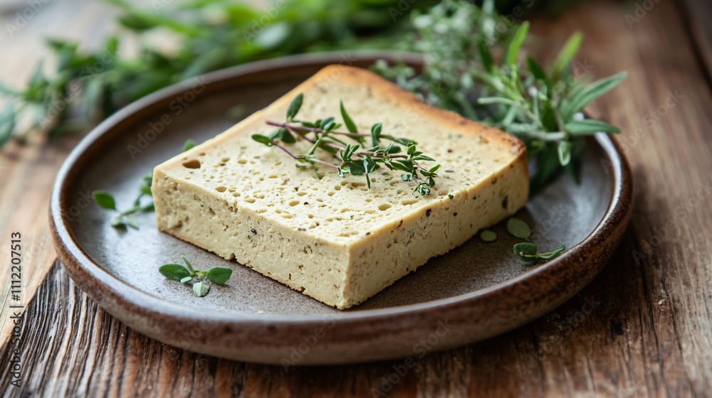 Close up of a slice of sourdough bread with visible air pockets, placed on a ceramic plate with herbs Close up of a slice of sourdough bread with visible air pockets, placed on a ceramic plate with herbs
