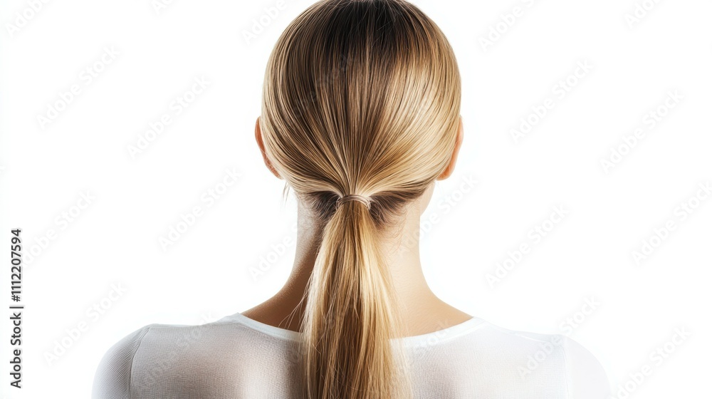 Back view of young woman with perfect blonde hair, doing low ponytail isolated on white studio background. Natural beauty, hair care and advanced cosmetology, health and beauty treatment concept Back view of young woman with perfect blonde hair, doing low ponytail isolated on white studio background. Natural beauty, hair care and advanced cosmetology, health and beauty treatment concept