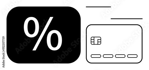 Black percentage sign beside a credit card with a chip. Ideal for banking, finance, interest rates, credit cards, loans, payments, shopping. Line metaphor