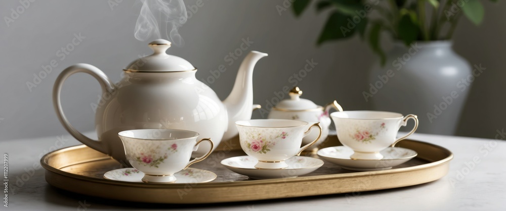 A steaming teapot with elegant china cups, perfect for afternoon tea gatherings A steaming teapot with elegant china cups, perfect for afternoon tea gatherings