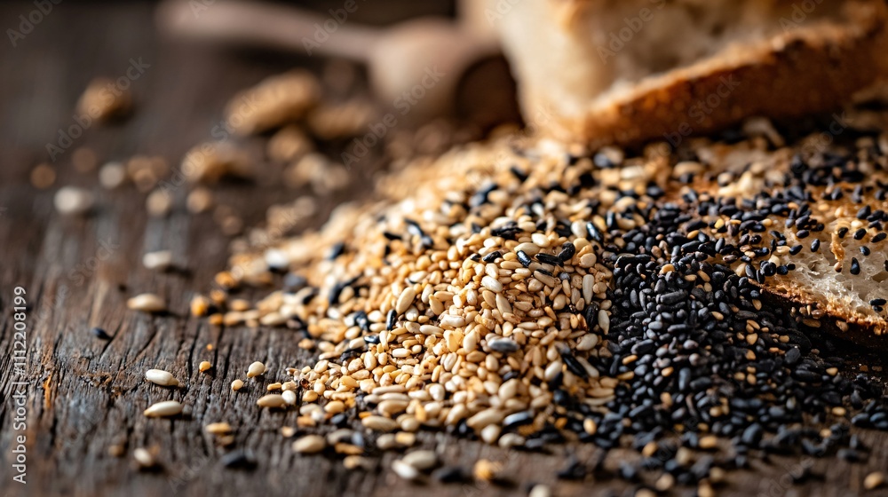 Close up of seeded bread on a wooden surface, surrounded by scattered sesame and sunflower seeds Close up of seeded bread on a wooden surface, surrounded by scattered sesame and sunflower seeds