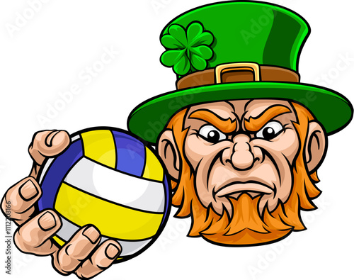 An angry Leprechaun Celtic Irish cartoon character holding Volleyball ball sports team mascot illustration.