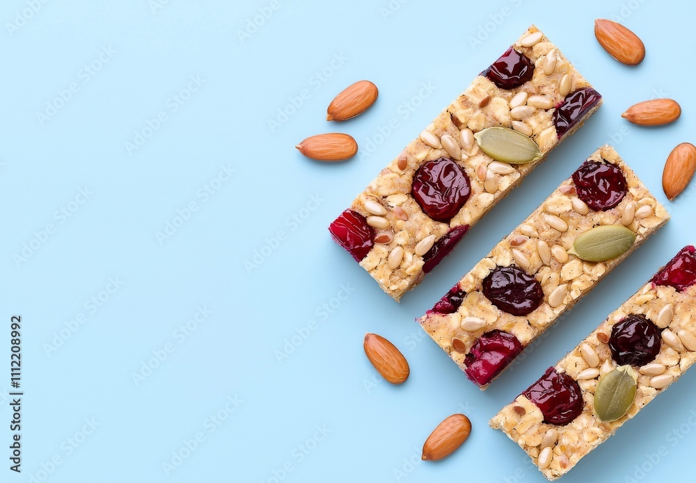 Nutritious Homemade Granola Bars with Cranberry, Pumpkin Seed, Oats, Chia, and Flax Seed, Set Against a Bright Background. Nutritious Homemade Granola Bars with Cranberry, Pumpkin Seed, Oats, Chia, and Flax Seed, Set Against a Bright Background.