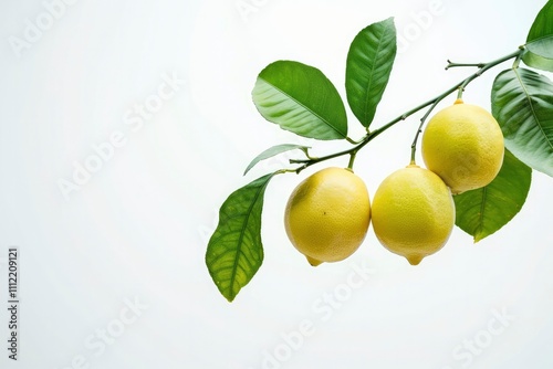 Ripe juicy yellow lemons on branch with green leaves on light background. Healthy citrus, vitamin C, fruit in the cold season. Aroma oil for medicine and cosmetology