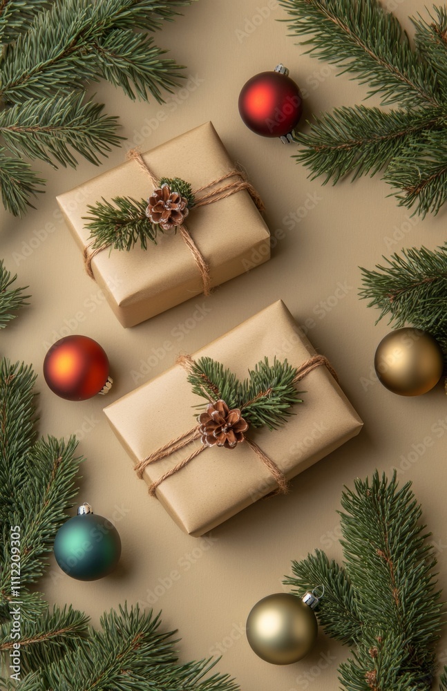 Christmas gifts wrapped in kraft paper with festive decorations Christmas gifts wrapped in kraft paper with festive decorations