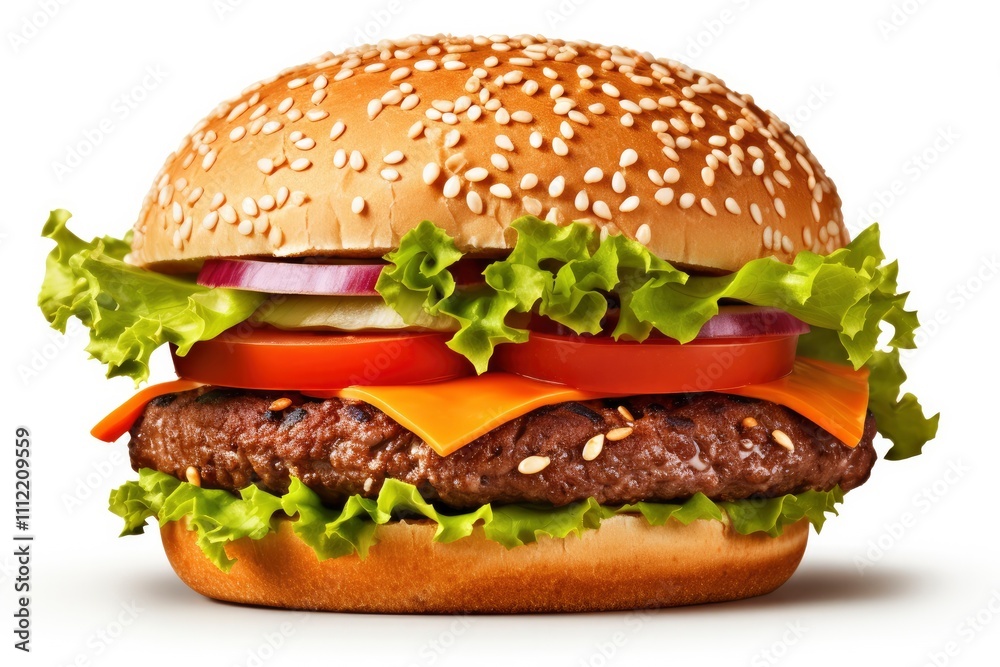 Hamburger isolated on clean white background. Fresh tasty hamburger with cutlet, cheese, lettuce, tomato, cucumber on white Hamburger isolated on clean white background. Fresh tasty hamburger with cutlet, cheese, lettuce, tomato, cucumber on white