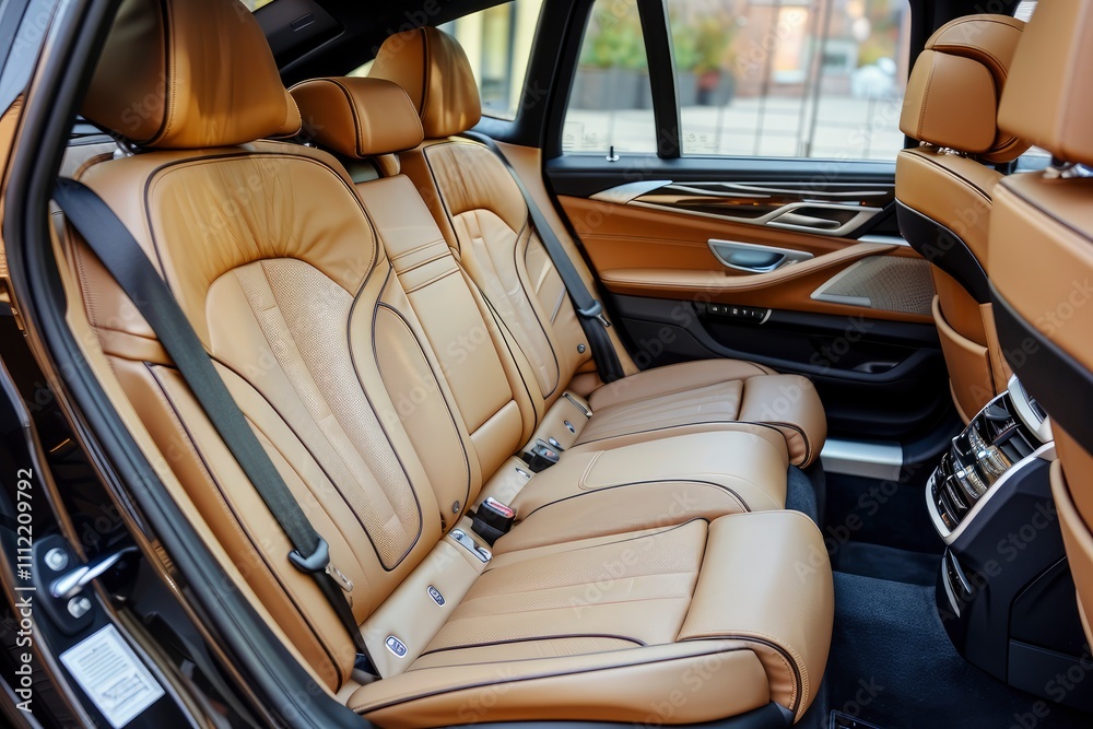 Fototapeta premium Interior of a luxury modern car with brown leather seats. Expensive car interior, premium materials