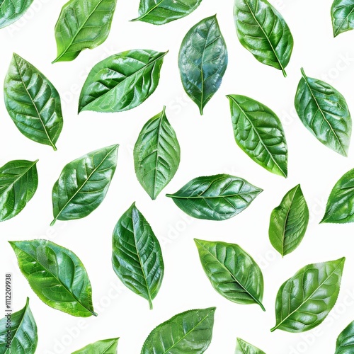 Seamless Pattern of Vibrant Green Tea Leaves, Scattered Fresh Flora on a Clean White Background