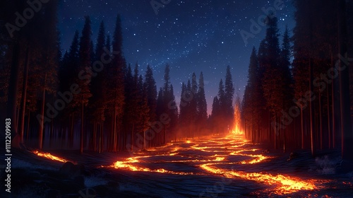 Fiery path winding through a dark, starlit pine forest at night.