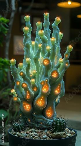Fantasy glowing cactus sculpture with surreal shapes and lights