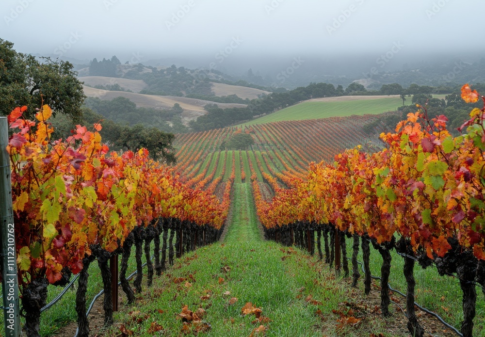 Fototapeta premium Vibrant Autumn Vineyard Landscape with Rows of Colorful Vines Under a Misty Sky in California Wine Country