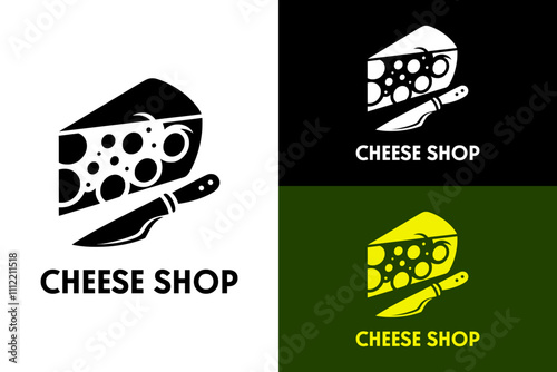 cheese piece, knife, cheese shop logo, food, restaurant, burgers, food chain, vector design