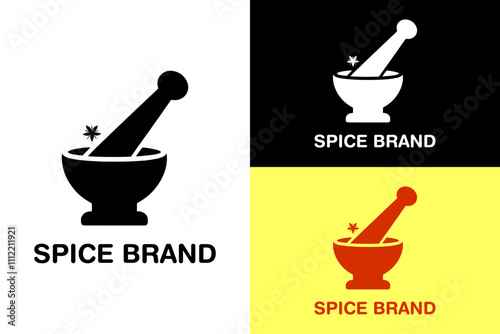 mortar with pestle, spice brand logo, masala, remedies, food, kitchen, herb, grinder, vector design