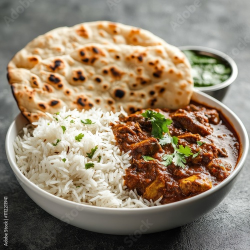 Close-Up of Indian Cuisine with Naan, Rice, and Assorted Curries