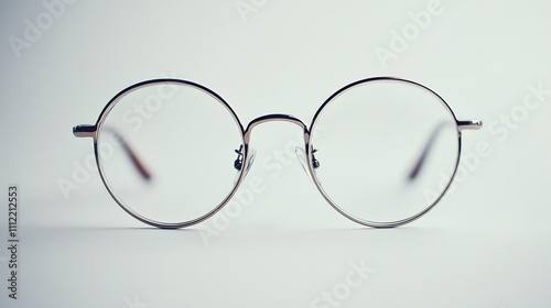 A pair of round, silver-framed glasses lays on a white surface.