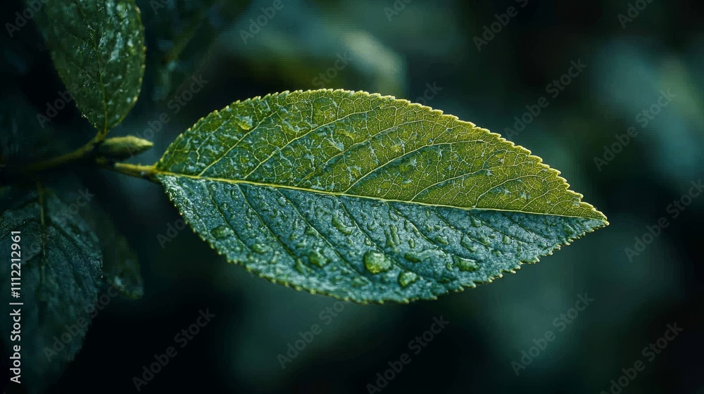 Dewdrops adorn a single green leaf in nature Dewdrops adorn a single green leaf in nature