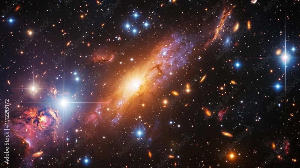 Obraz premium A vibrant cosmic scene featuring a galaxy surrounded by stars, nebulae, and celestial bodies, showcasing the beauty of the universe.
