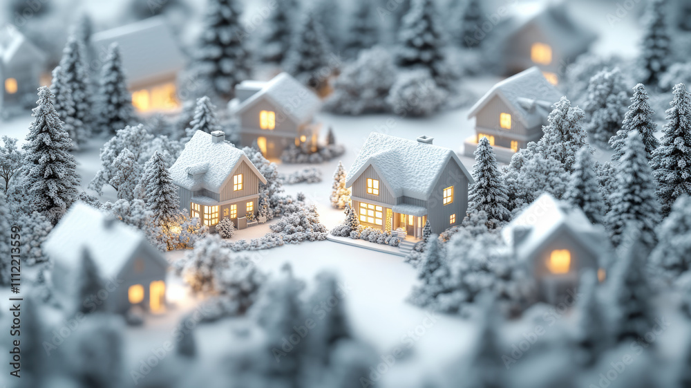 Fototapeta premium Cartoon winter scene with houses and christmas trees for text space