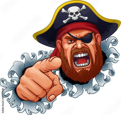 A pirate captain angry mascot cartoon man face or head breaking through the background and pointing at the viewer.