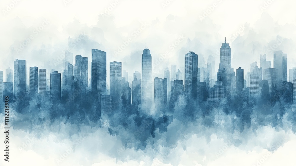 Fototapeta premium Blue Watercolor Cityscape Skyline Modern Buildings