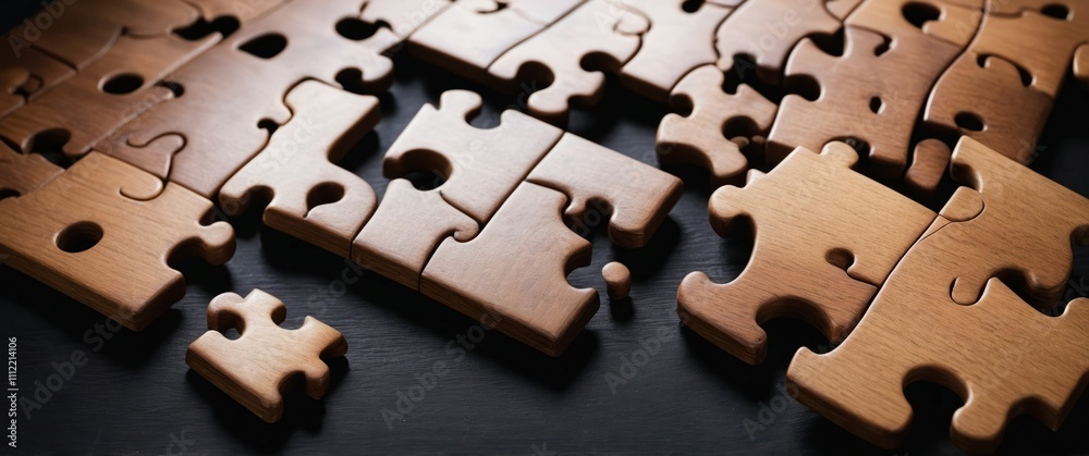 Obraz premium Wooden puzzle pieces on a black background, ideal for educational activities