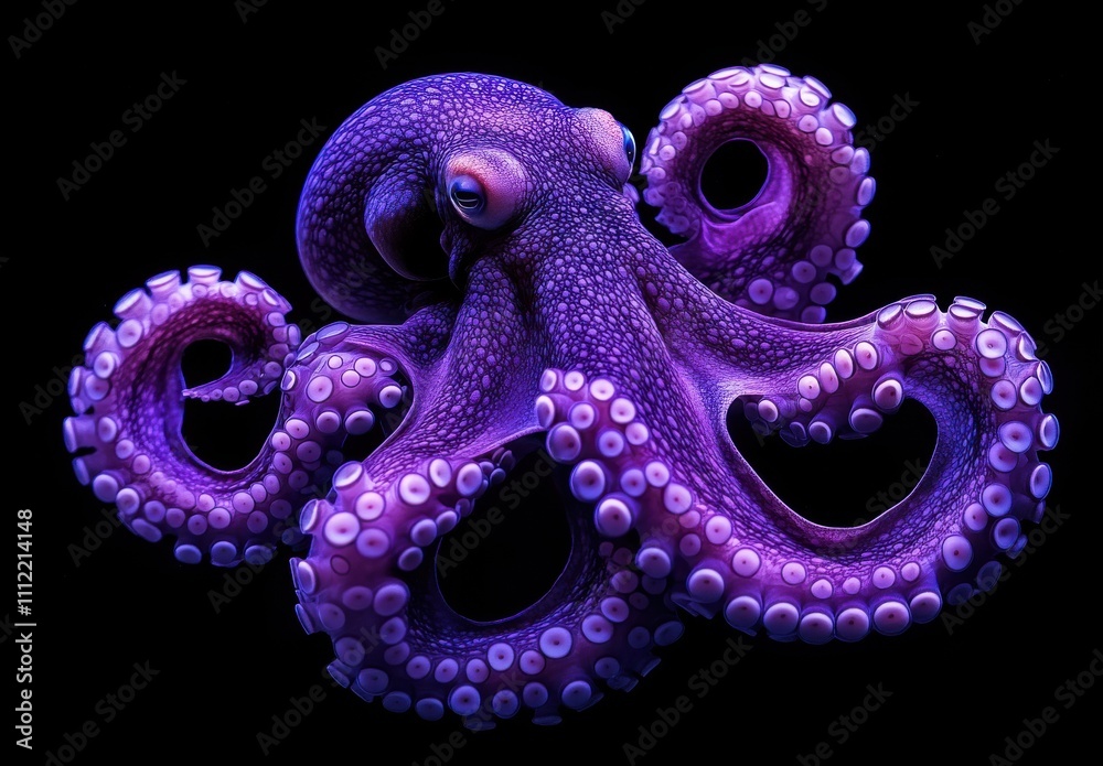 Fototapeta premium Vibrant Purple Octopus with Intricate Details and Graceful Tentacles Against a Black Background for Marine Life Inspiration and Underwater Art