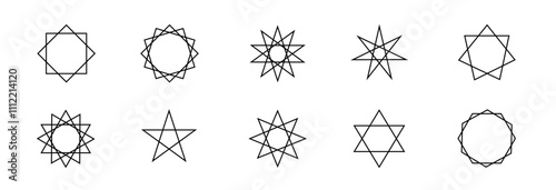Sacred geometric set with pentagrams, circles, and triangle frames, combining ancient alchemical symbols with a modern minimalistic outline. Ideal for spiritual art and ritual decor.