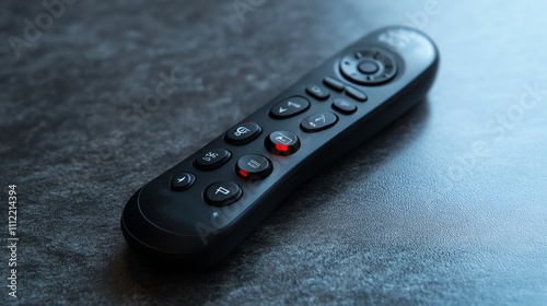 A black remote control with a few buttons lit up in red, on a grey speckled surface. photo