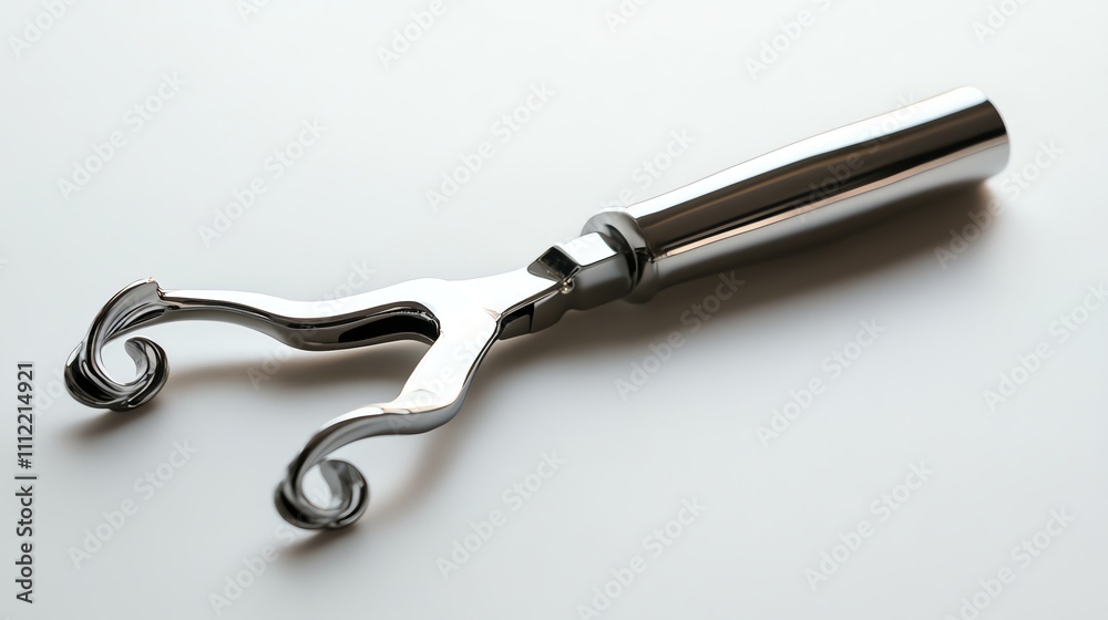 A silver fireplace poker with a long handle lays on a white surface. A silver fireplace poker with a long handle lays on a white surface.