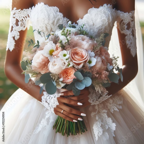 Romantic Bouquet A close up of a bride's hands holding a lush pa photo