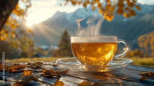 Warm Autumn Tea Beside Mountain Sunrise
