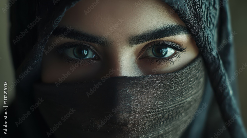 Beautiful woman with a veil covering her face, only her captivating eyes visible. Arabic royalty, queen, princess, or sorceress. Female in Niqab Beautiful woman with a veil covering her face, only her captivating eyes visible. Arabic royalty, queen, princess, or sorceress. Female in Niqab