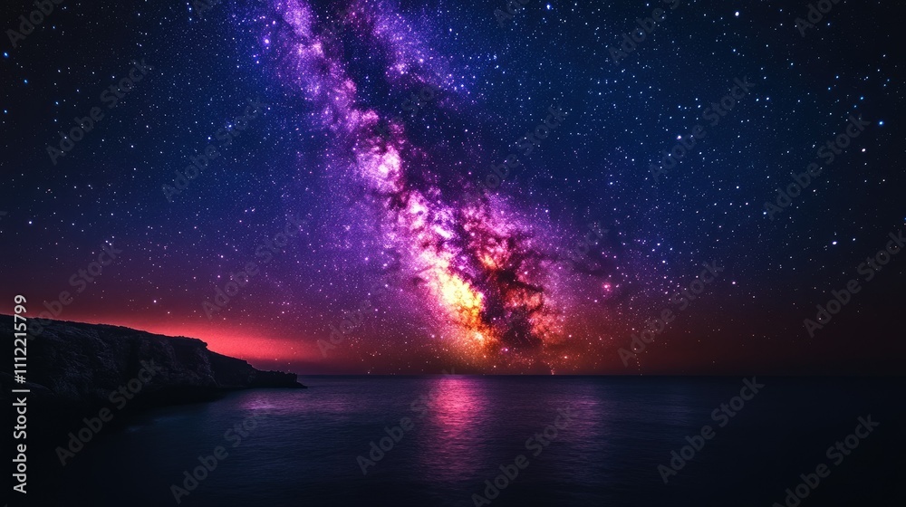 Fototapeta premium Vibrant Milky Way galaxy rising over a calm ocean at night, reflecting in the water.