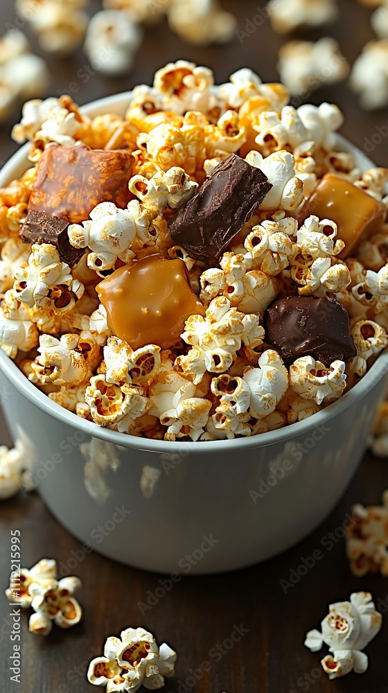 A bowl of popcorn mixed with caramel and chocolate treats, perfect for snacking. A bowl of popcorn mixed with caramel and chocolate treats, perfect for snacking.