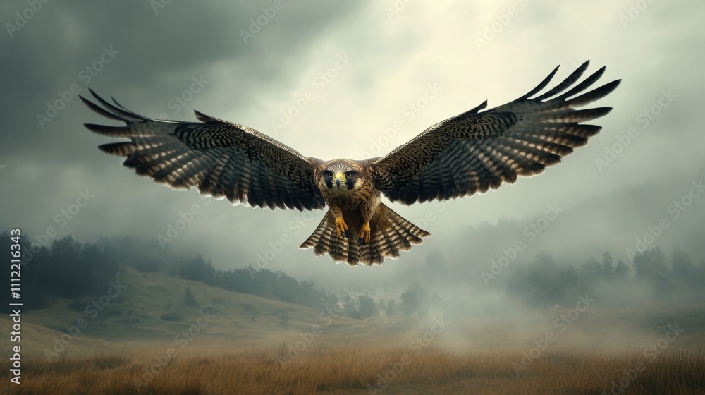 Obraz premium Majestic Raptor in Flight over Misty Landscape