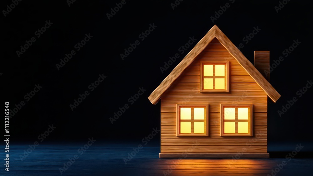 A cozy wooden house with illuminated windows set against a dark background. A cozy wooden house with illuminated windows set against a dark background.