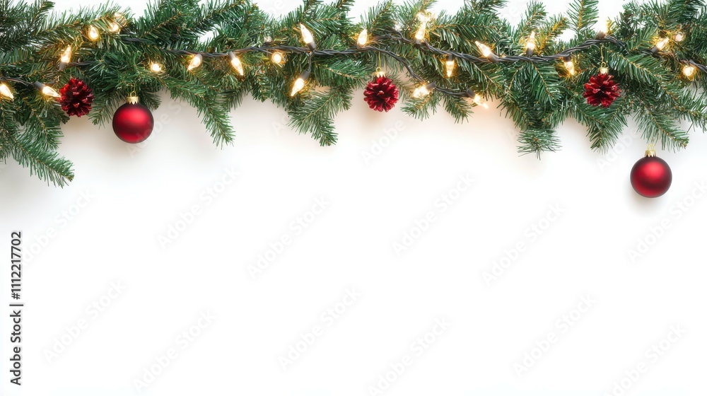 Christmas border with conifer branches and garlands of Christmas lights isolated on white background